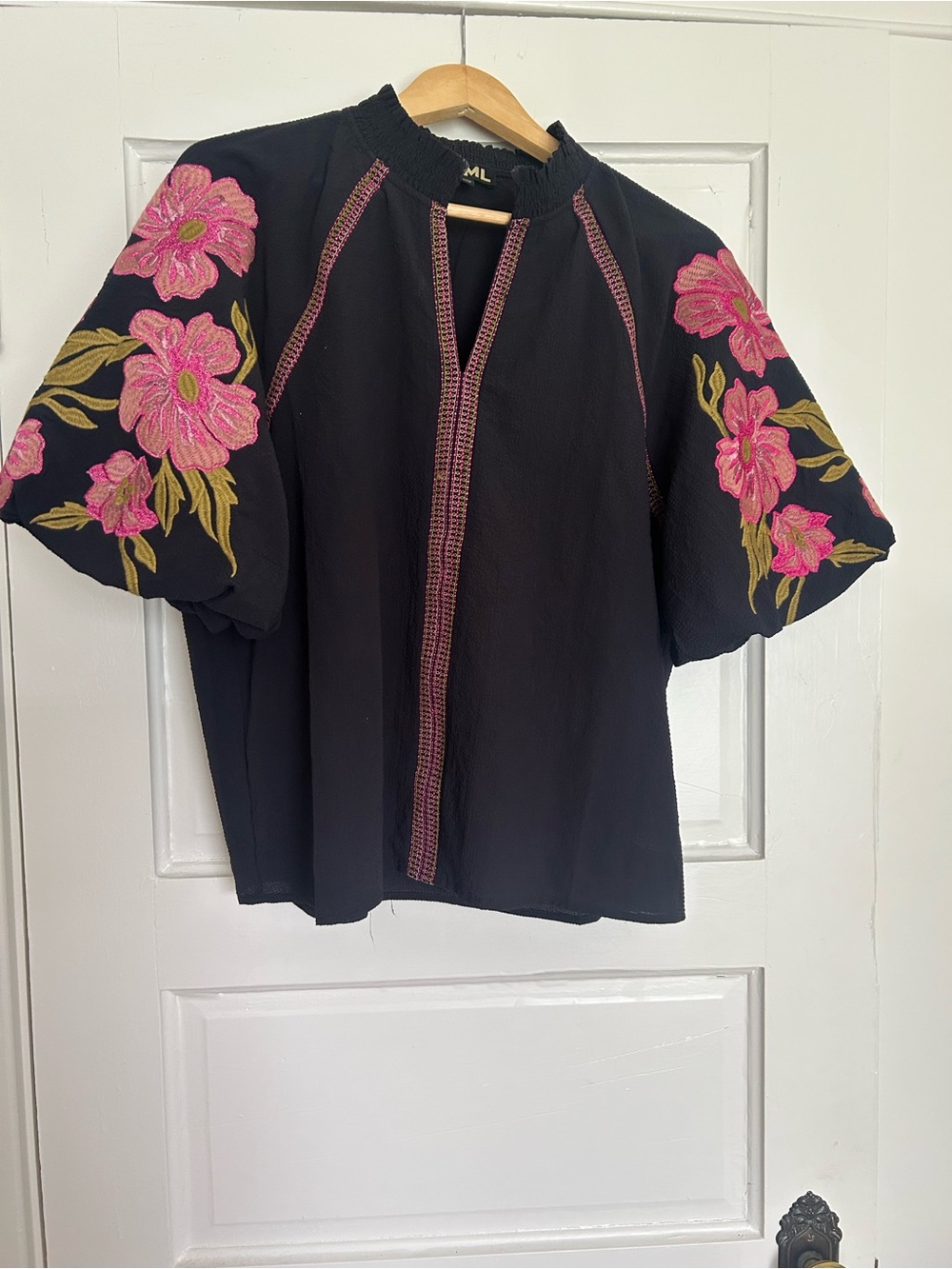 THML Black Blouse with Pink Floral Embroidered Sleeves - Picture 6 of 7